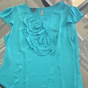 Spense Aqua Turquoise Blouse with Rosette Accents